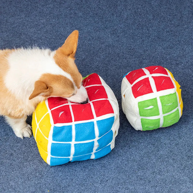 Pet Rubik's Cube sniffing toy made from polar fleece fabric, showing cube with treat compartments, for dogs and cats.