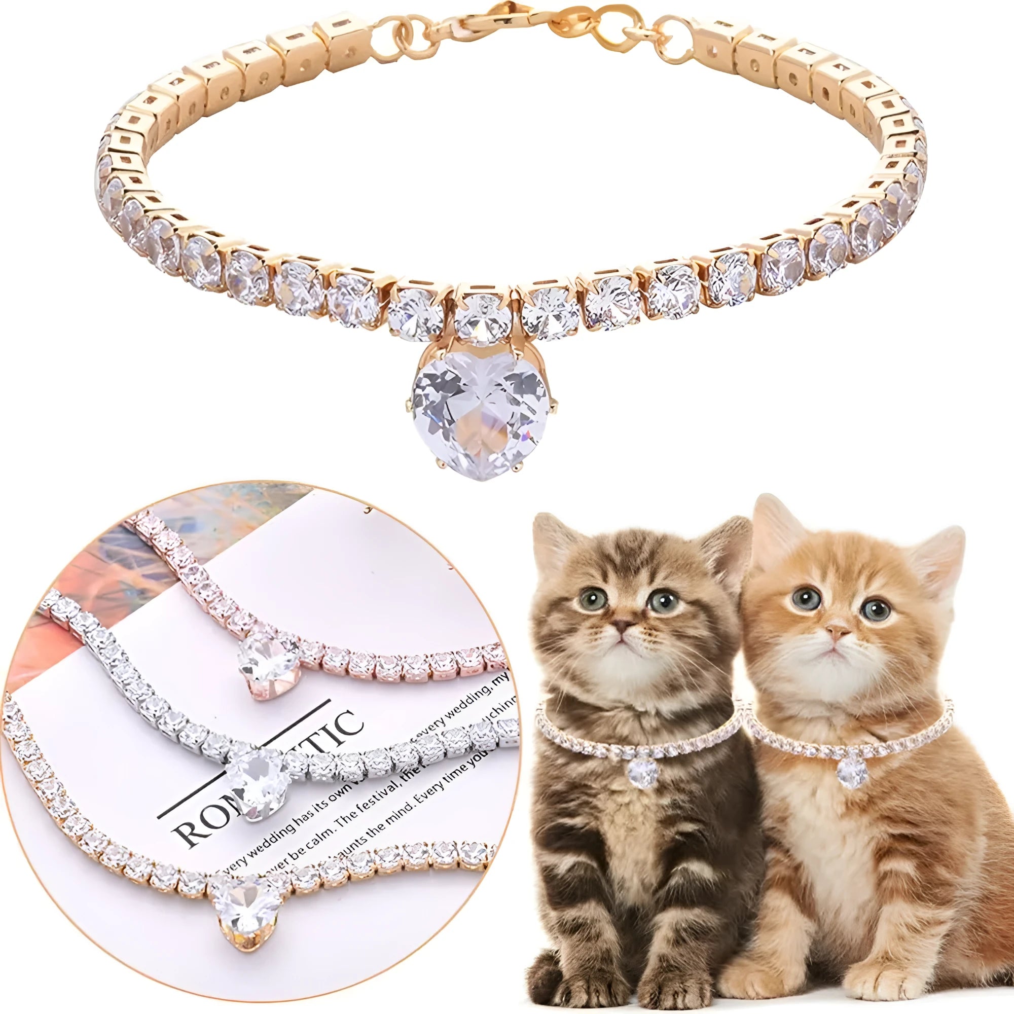 Gold heart-shaped rhinestone dog collar with bling crystals on a metal base.