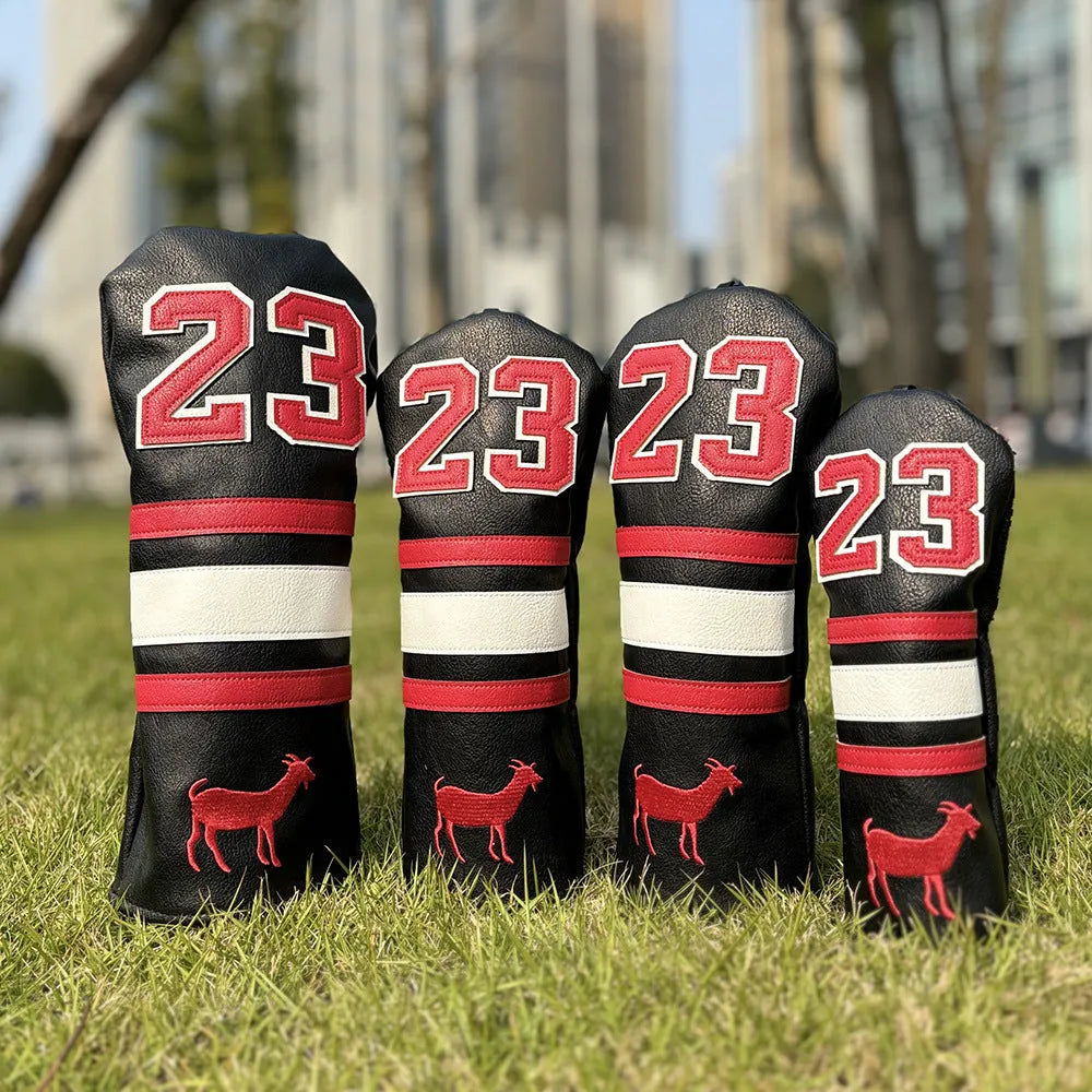 Set of four matching PU golf club headcovers: driver, two fairway woods, and a square putter sleeve in a chosen colour.