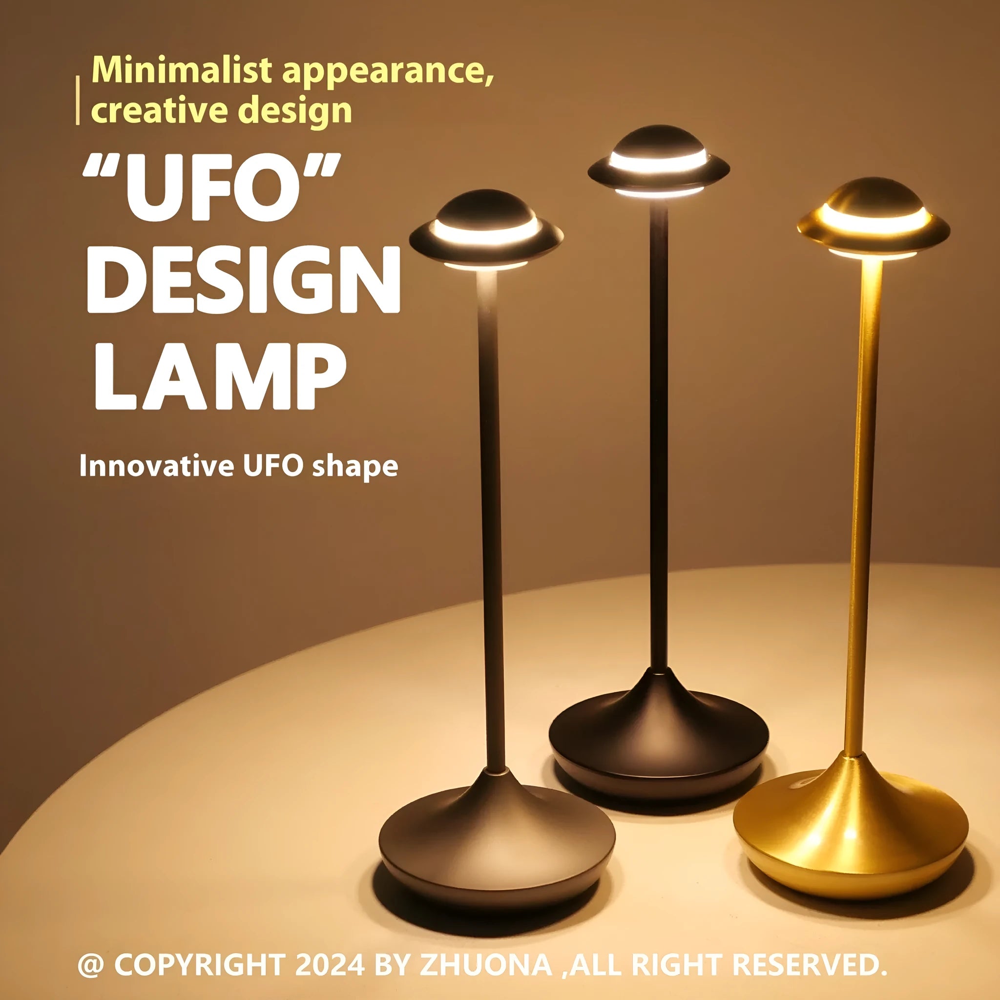 Modern UFO-shaped rechargeable table lamp in gold, grey, or black with touch dimming controls.
