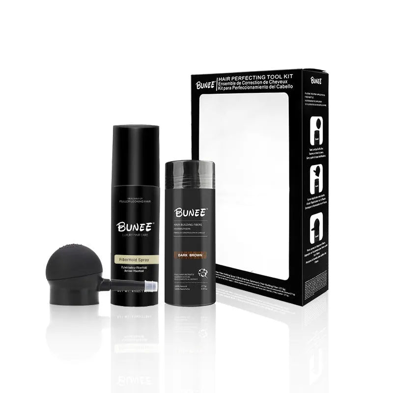 Dense hair fibre powder 275g can with application nozzle and styling spray for men.