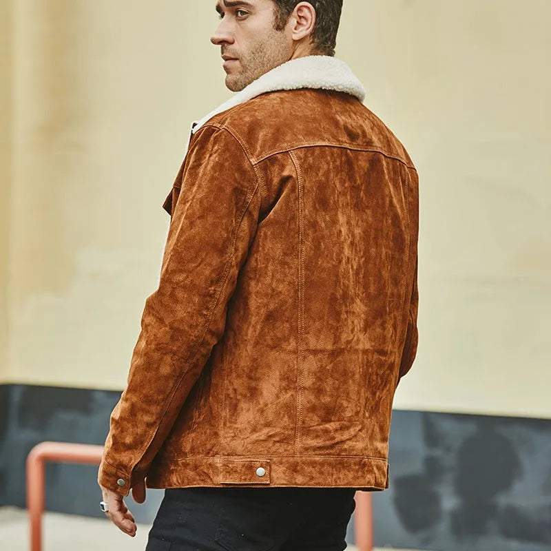 Men's brown genuine pigskin leather cotton padded jacket with lapel collar, straight cut, regular length