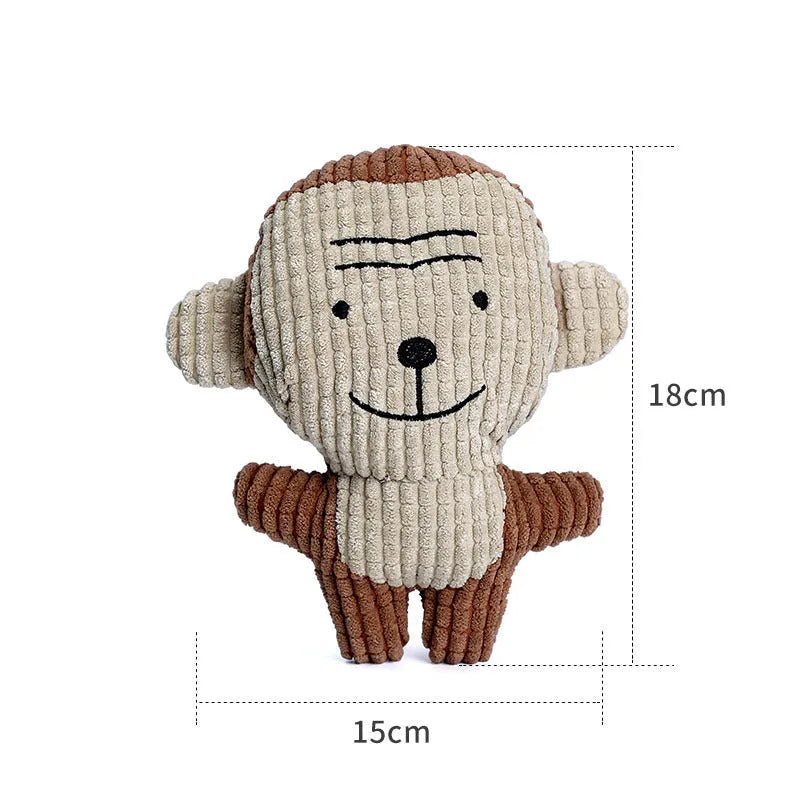 Colourful animal-shaped plush dog chew toy with squeaker for small dogs.