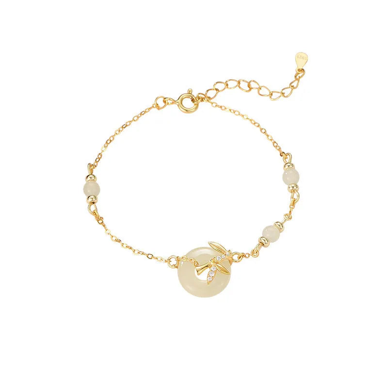 Women's antique style 925 silver bracelet with Hetian jade and peace buckle safety clasp in gold finish
