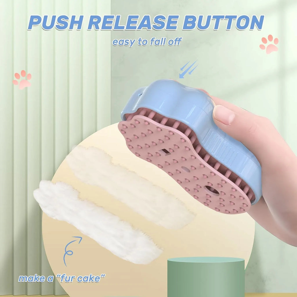 Blue self-cleaning pet steam brush with silicone bristles and a water spray button