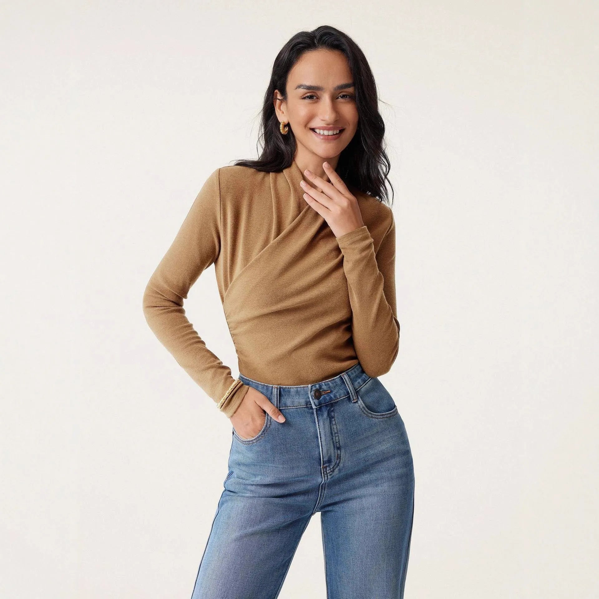Camel colour women's slim fit pullover sweater with long sleeves