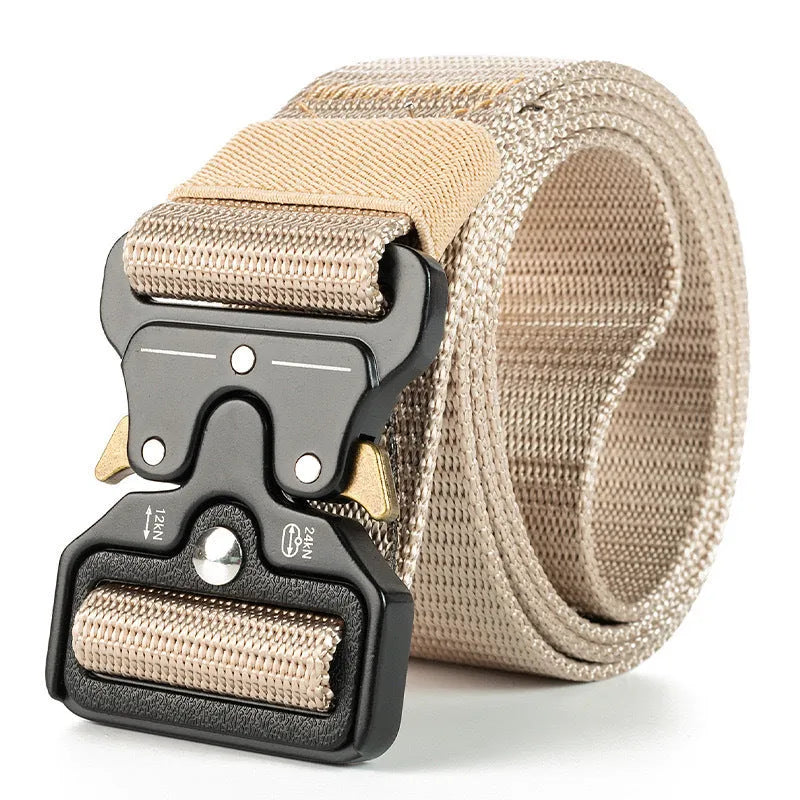 Men's thick canvas tactical belt with alloy release buckle shown in khaki colour
