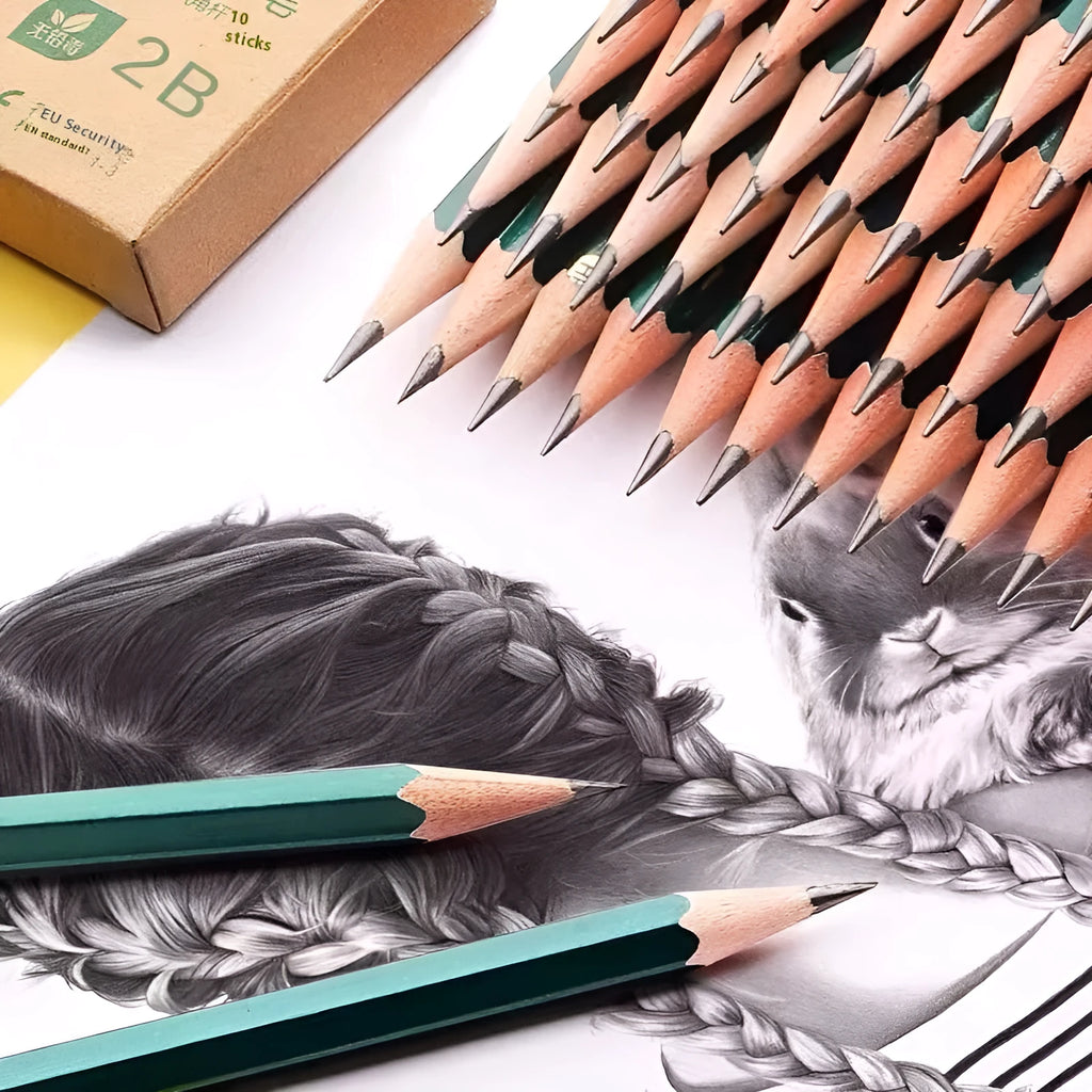 Box of ten green hexagonal pencils with HB and 2B graphite grades for writing and sketching.