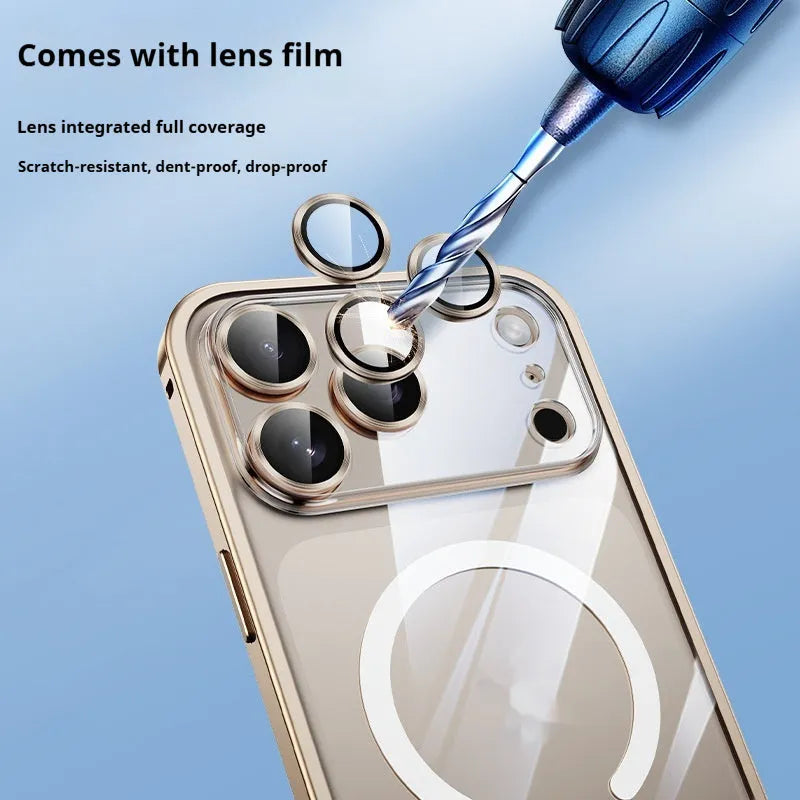Metal frame phone case for iPhone 17 with magnetic suction and transparent back in Titanium Gray