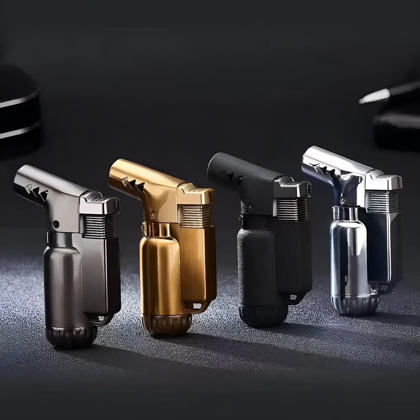 HB805-1 full metal windproof lighter in black, gold, gray, or silver finish.