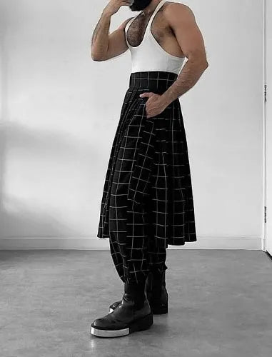 Men's plaid trousers with apron waistband, relaxed fit, and side pockets.
