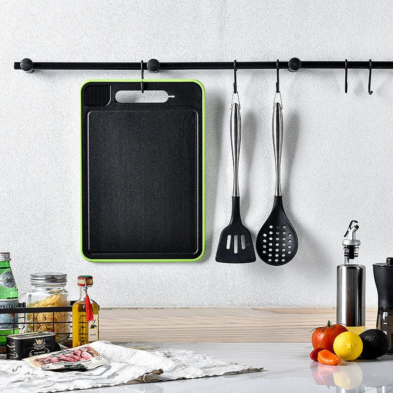 Grey square aluminium double-side cutting board with defrosting function and knife sharpener