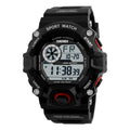 Electronic sports watch with round dial, plastic strap, and 30M waterproof rating in multiple colour options