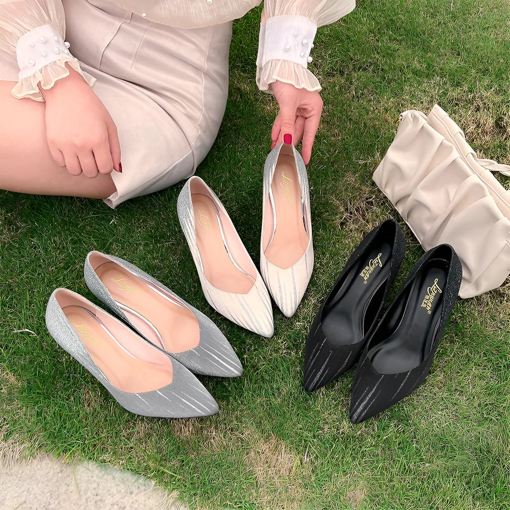 Shallow pointed toe stiletto heels with sequins, 5-8cm heel, in black, light grey, or apricot, sizes 34-39