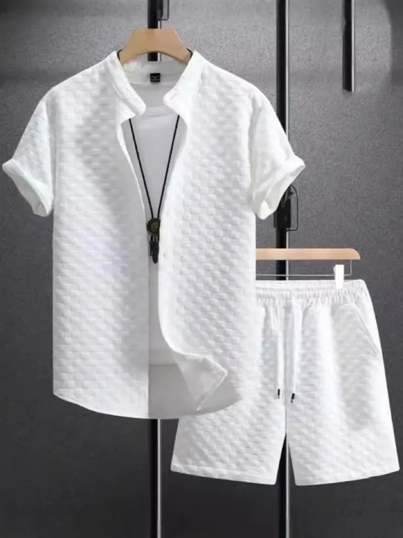 Jacquard fabric short sleeve suit set with matching shorts in a solid colour.