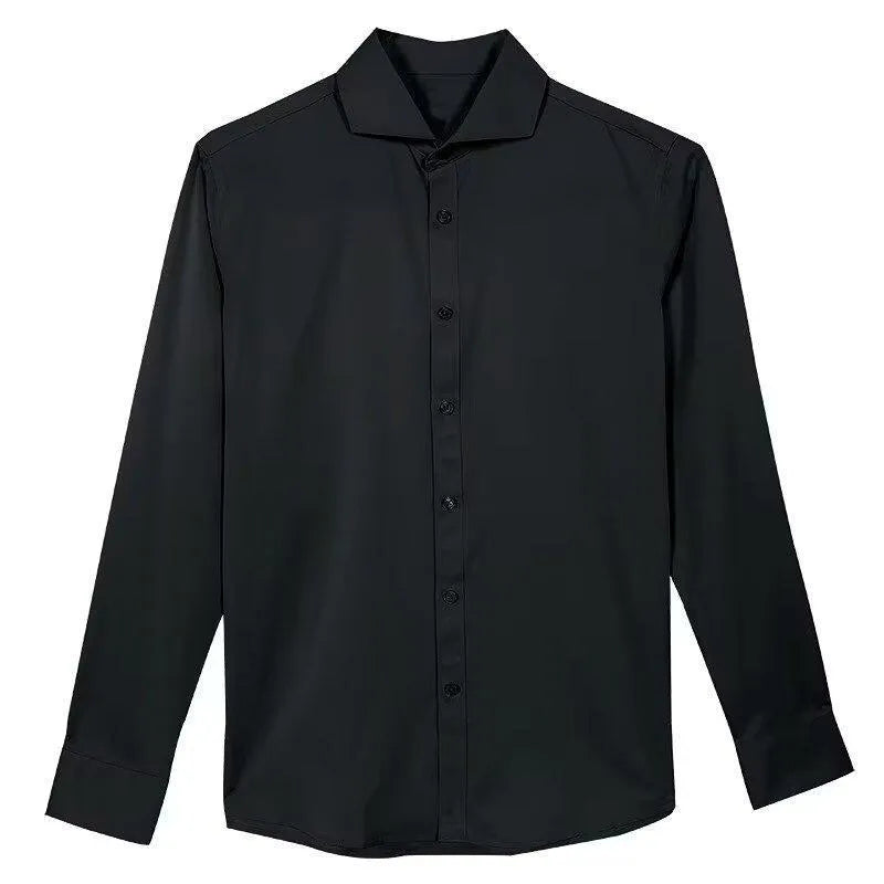 Man wearing a black slim-fit long sleeve cardigan shirt with a Korean-style design.