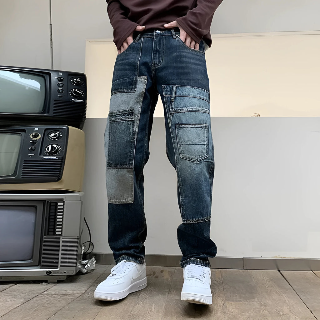 Blue loose dad jeans with multi-pockets, non-stretch cotton denim, mid-rise waist, zipper fly, long length