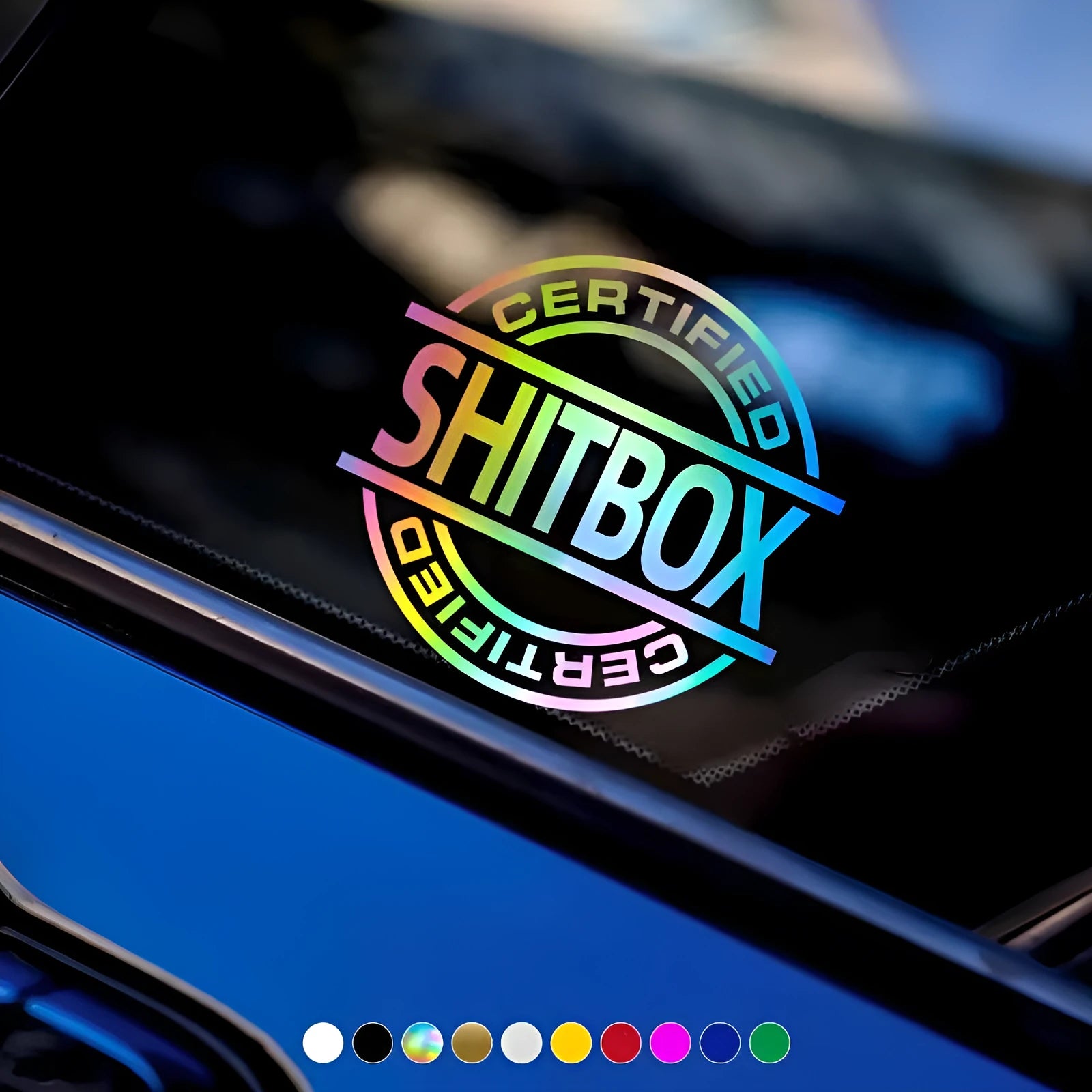 13x12cm rectangular vinyl car sticker shown in various colours on a vehicle door.