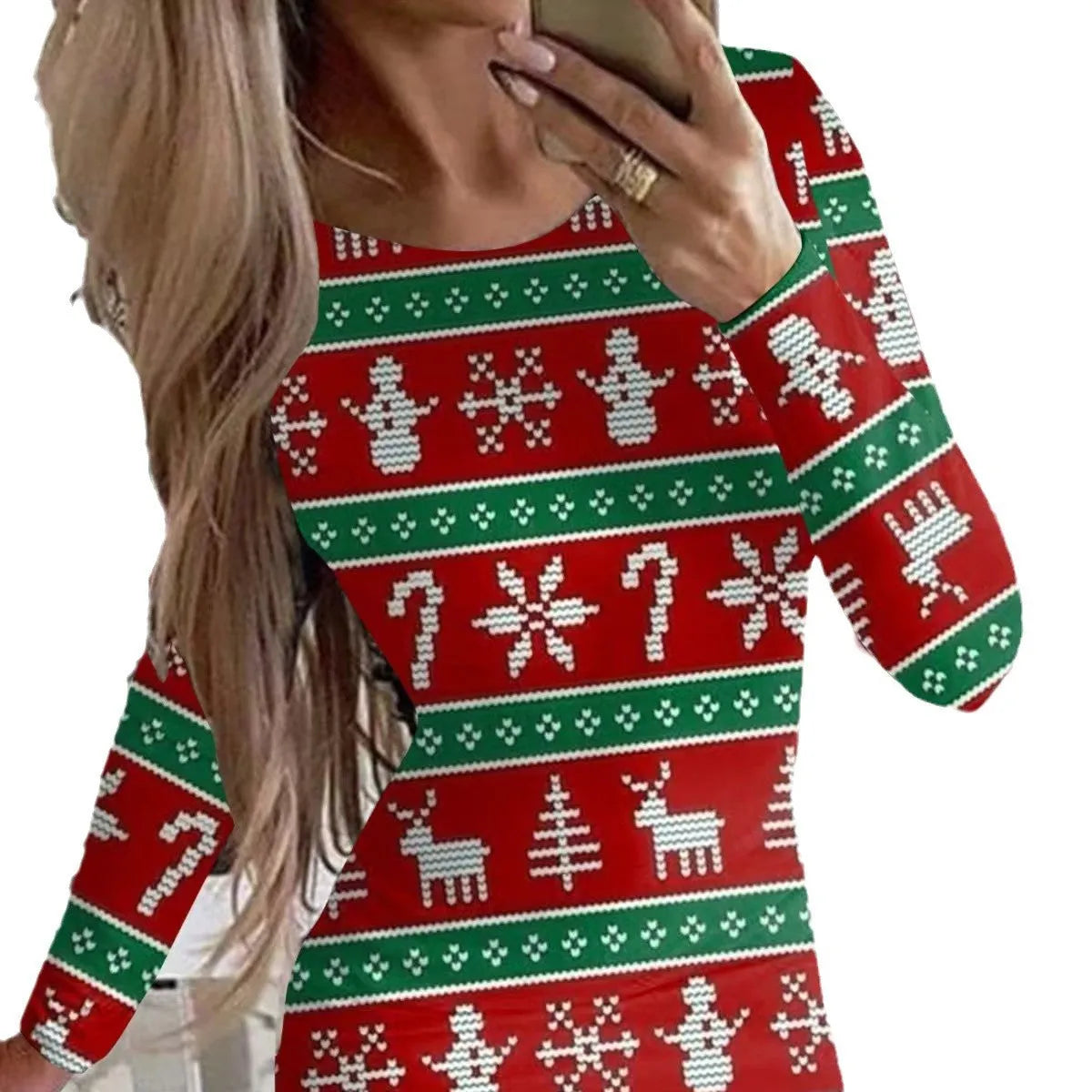 Christmas printed animal pattern dress with round neck and long sleeves in floral colour variation