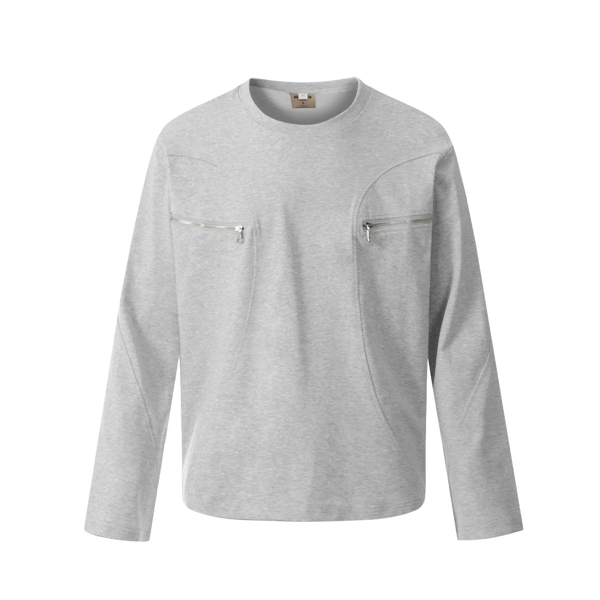 A man's loose-fit cotton pullover hoodie in a simple retro style, shown in grey colour.