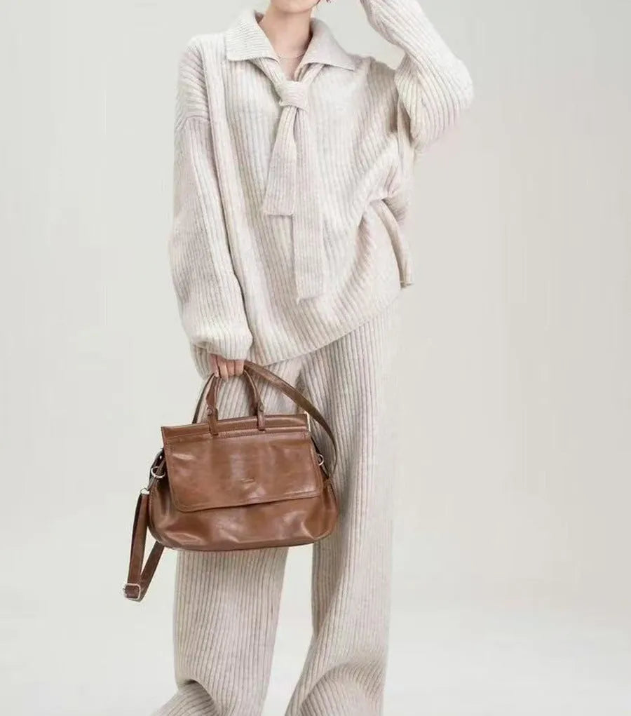 Women's imitation cashmere sweater suit two-piece set with knit top and trousers