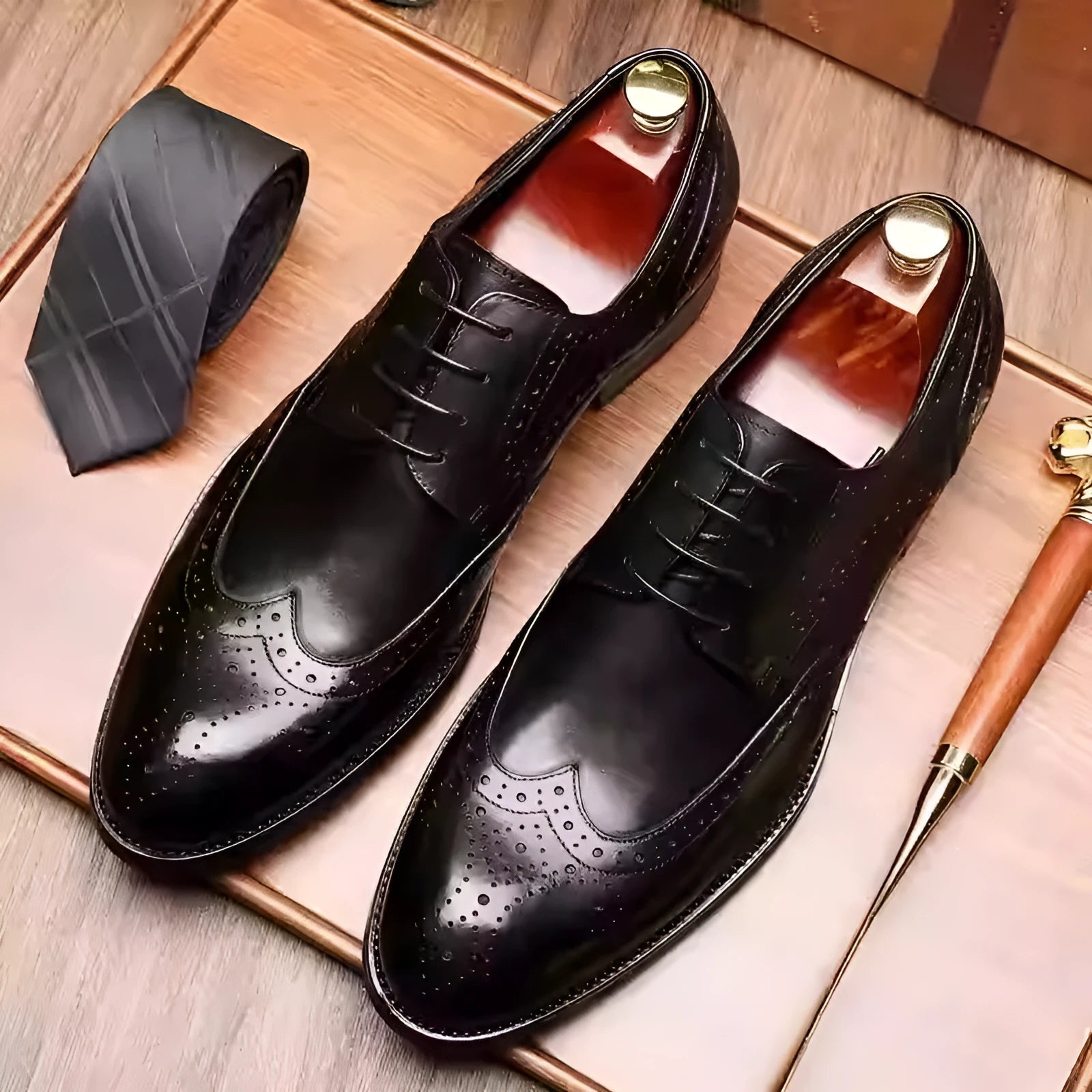 Men's burgundy British pointed-toe brogues with carved patterns for wedding and business formal wear