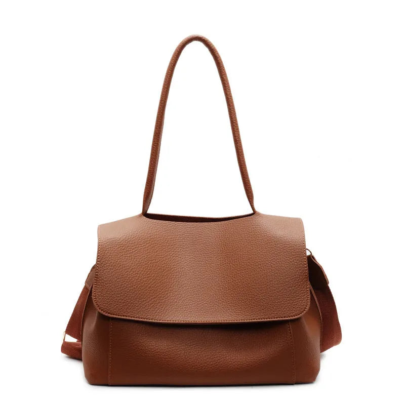 Vintage casual PU tote bag in horizontal square shape with double straps and sewn thread detailing.