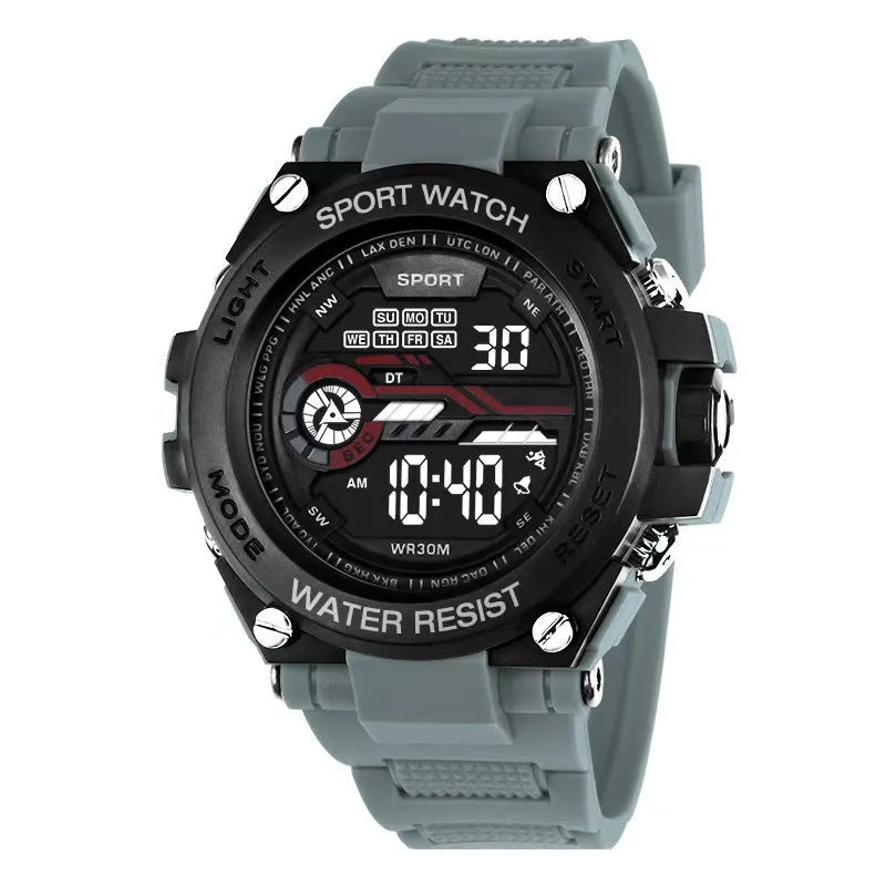 Digital wristwatch with resin strap showing backlight function and stopwatch display