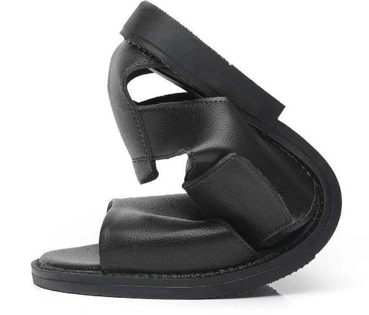 Men's black and brown Roman-style leather sandals with open-toe design and rubber soles