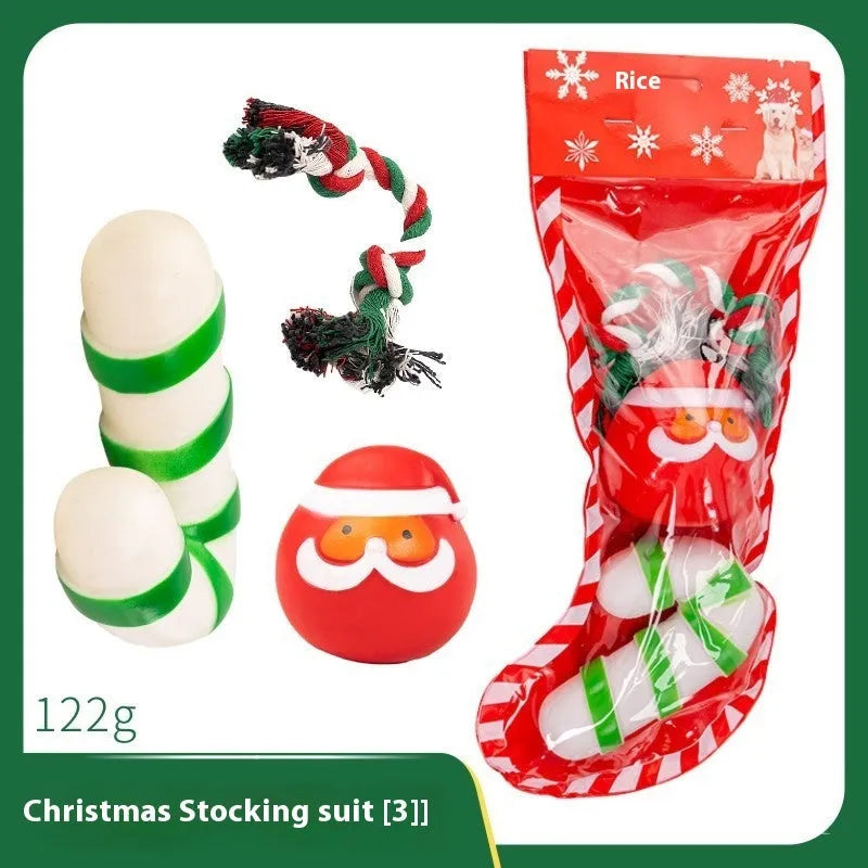 Christmas dog toys set with vinyl Christmas tree, bite rope, tennis ball and Santa toy for pet play