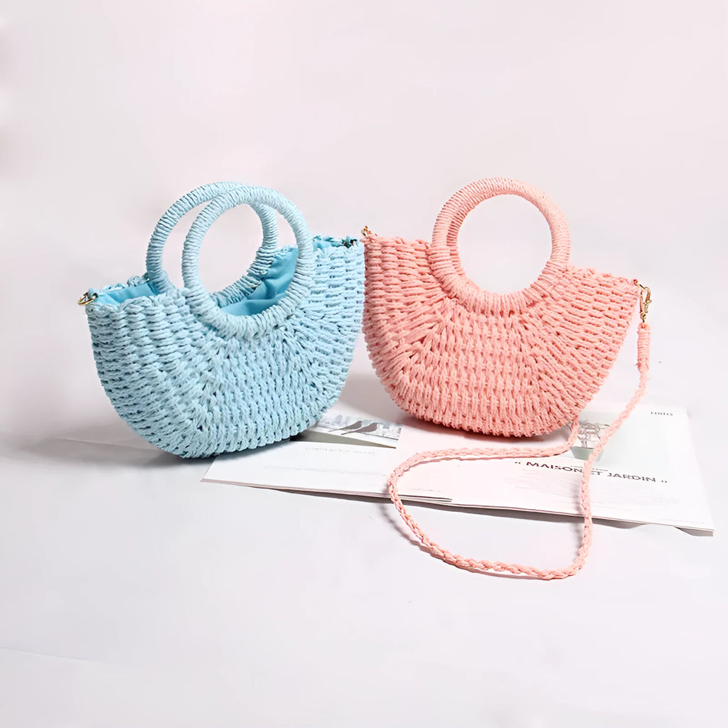 Seaside vacation beach mini straw bag in white with woven texture and open pocket design