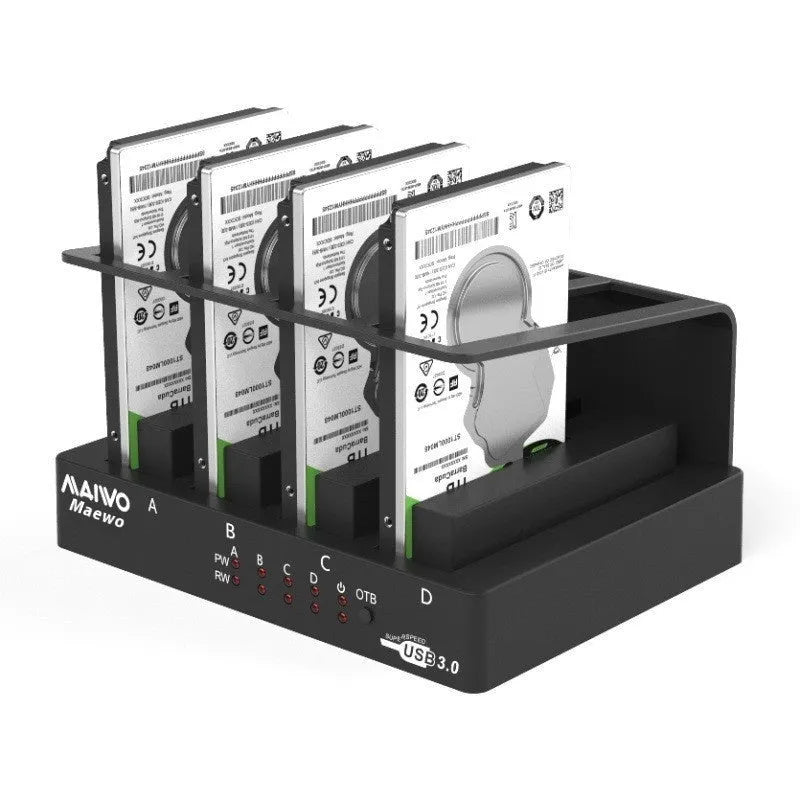 Four-bay external hard drive enclosure with 2.5-inch brackets, cables, and power adapter