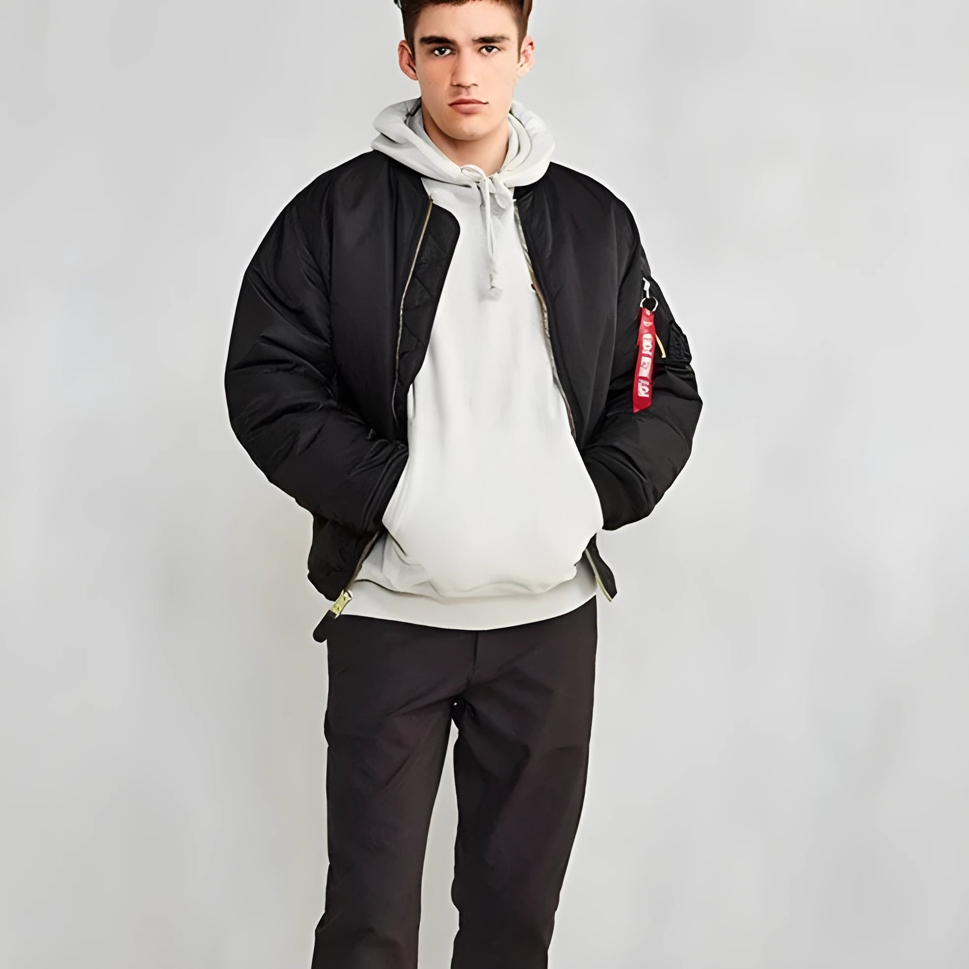 Men's army green loose-fitting nylon pilot jacket with cotton padding from American workwear collection.