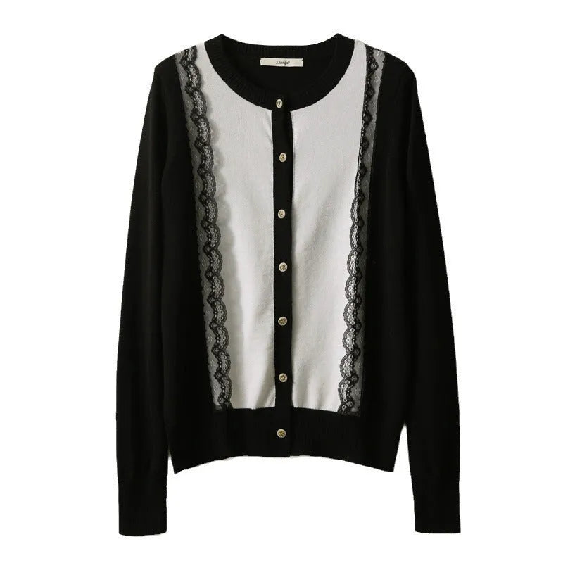 Women's slimming lace patchwork round neck knitted cardigan in picture colour, free size