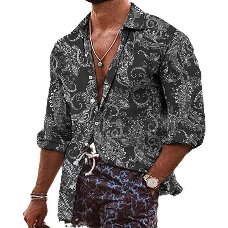 Men's loose fit long sleeve shirt featuring a detailed 3D digital print floral pattern in multiple colours.