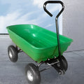 Green four-wheel plastic dump truck with steel PP construction and a tilting cargo bed.