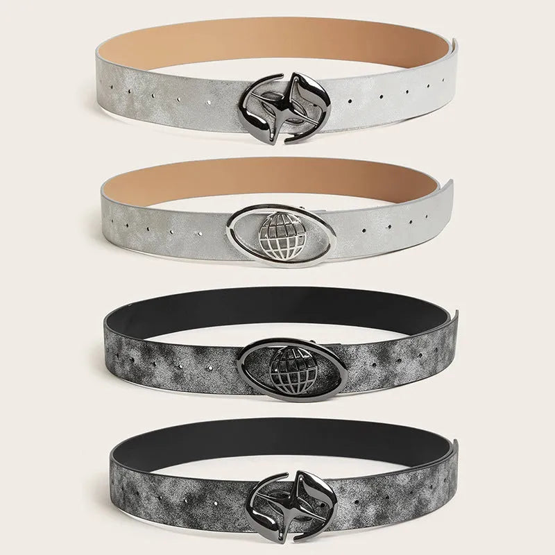 Retro thick women's belt with oval buckle in earth grey white colour