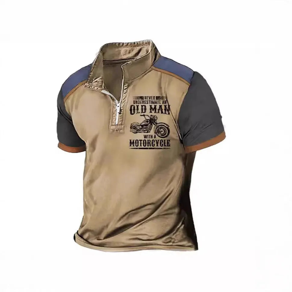 Men's short-sleeve polo shirt with lapel collar, digital letter pattern, and zipper decoration details.