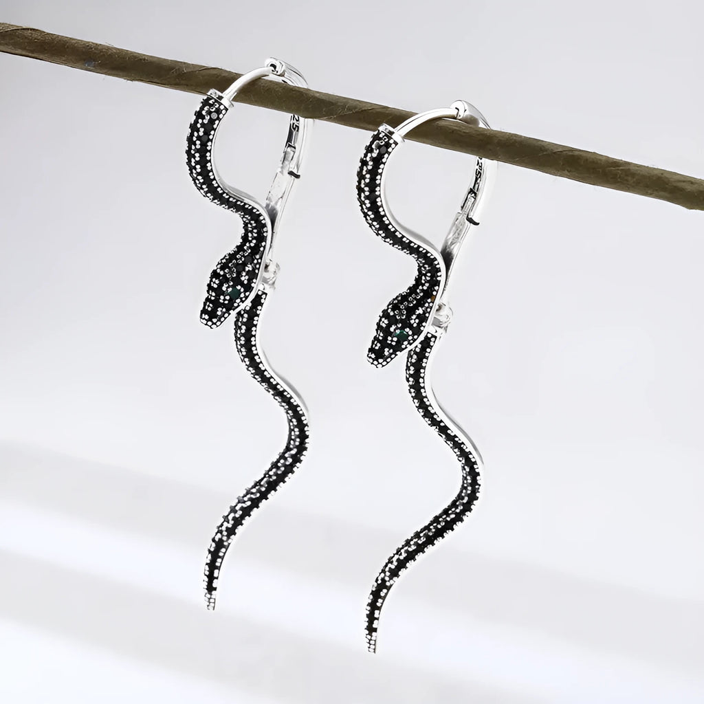 Snake earrings with inlaid zircon on copper, Black Diamond colour, retro Korean style, one pair