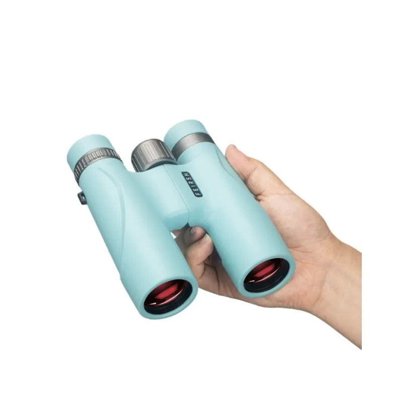 10x32 binoculars with wine red film bright finish showing blue colour option and optical specifications