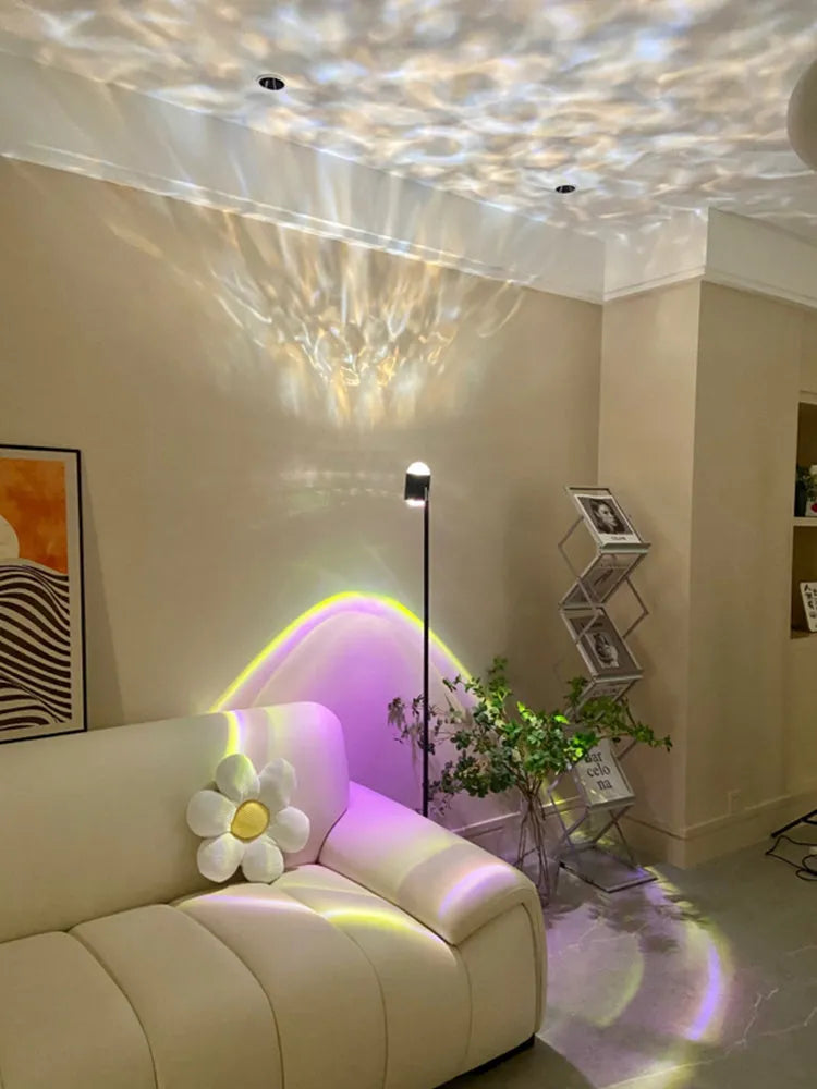 Sunset red water wave projection floor lamp with colour cards and minimalist modern design