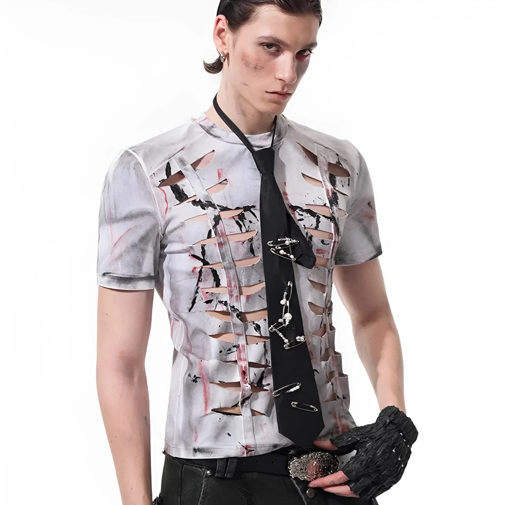 Men's white cotton T-shirt with a decorative cut-out pattern on the short sleeves and a round neck.