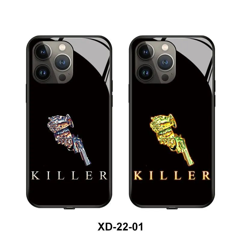 LED luminous protective iPhone case with TPU body and tempered glass on a smartphone.