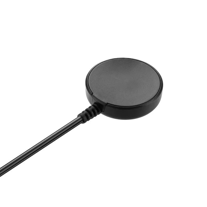 Black USB watch charger with wireless charging base measuring 34mm by 10mm