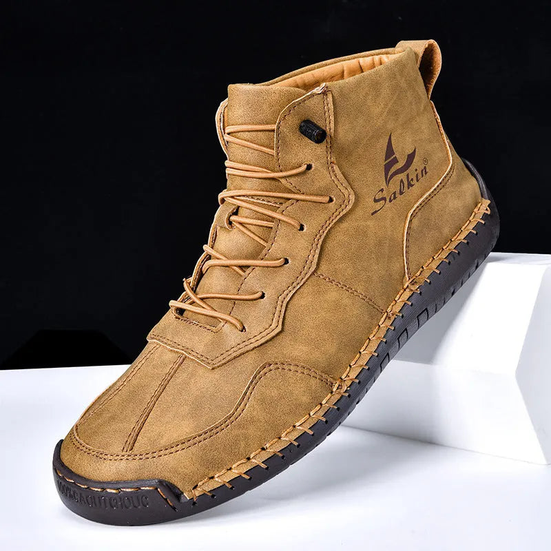 Beige high-top casual boots with elastic band and flat rubber sole