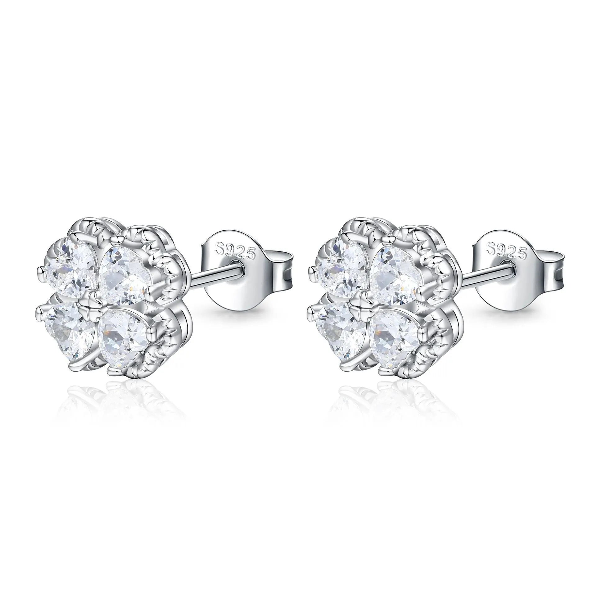 Women's 925 sterling silver heart earrings with four-leaf clover design and white gold colour finish