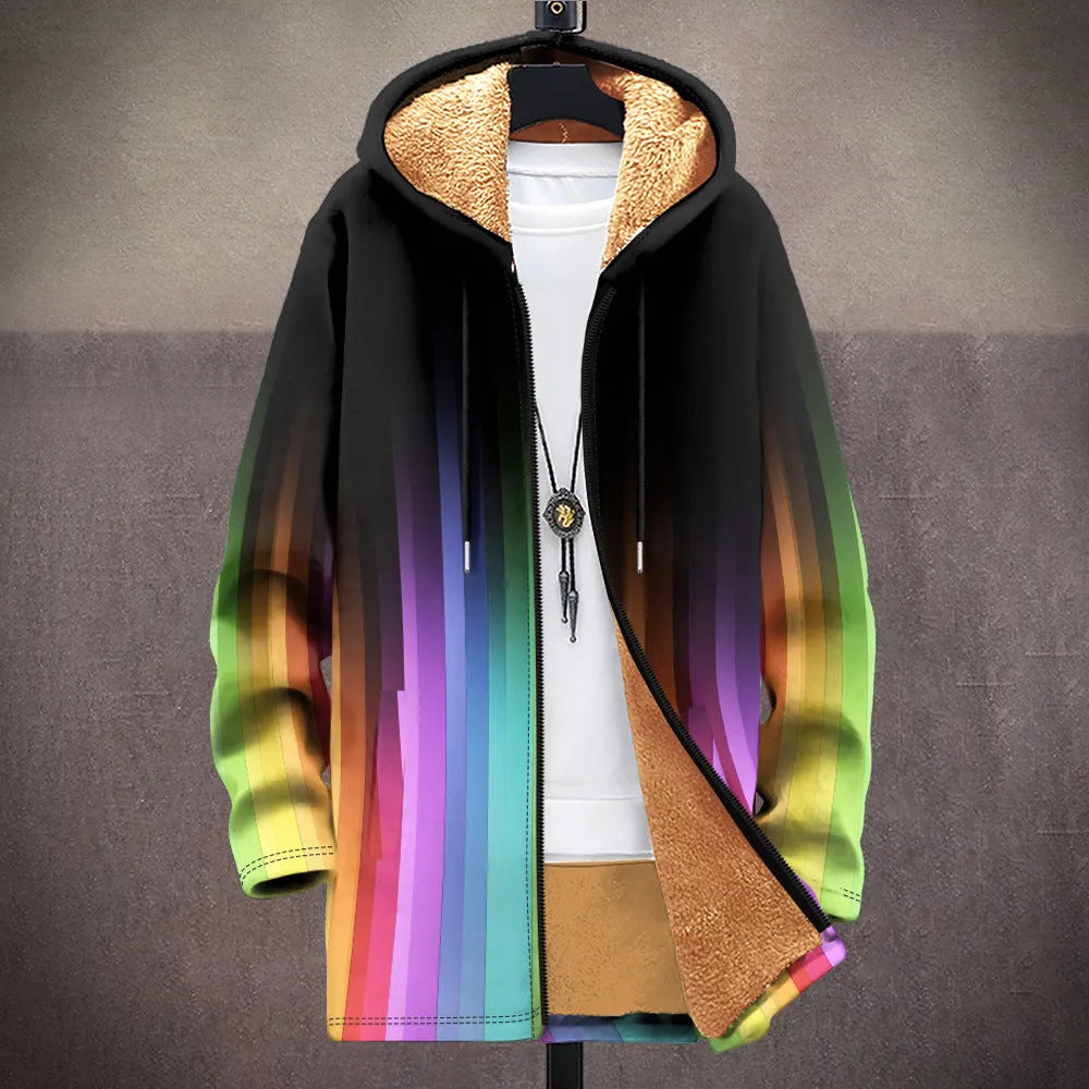 Man wearing a loose fit multicolour printed zip-up hooded cardigan in a casual setting