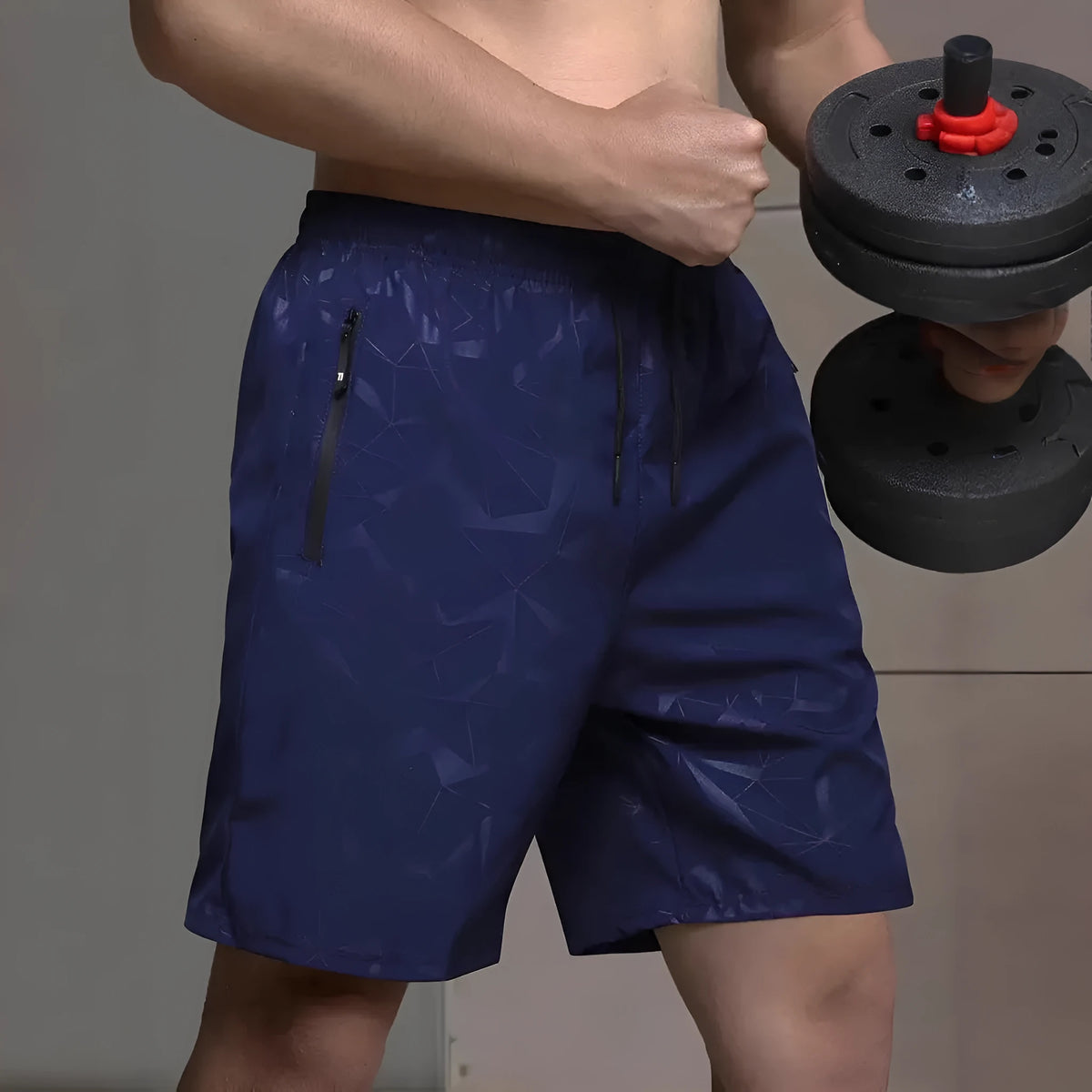 Men's loose fit sports shorts in polyester available in black, grey, and blue colours