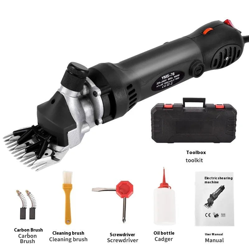 Yellow electric wool shearing machine with blades and tools in a plastic storage case