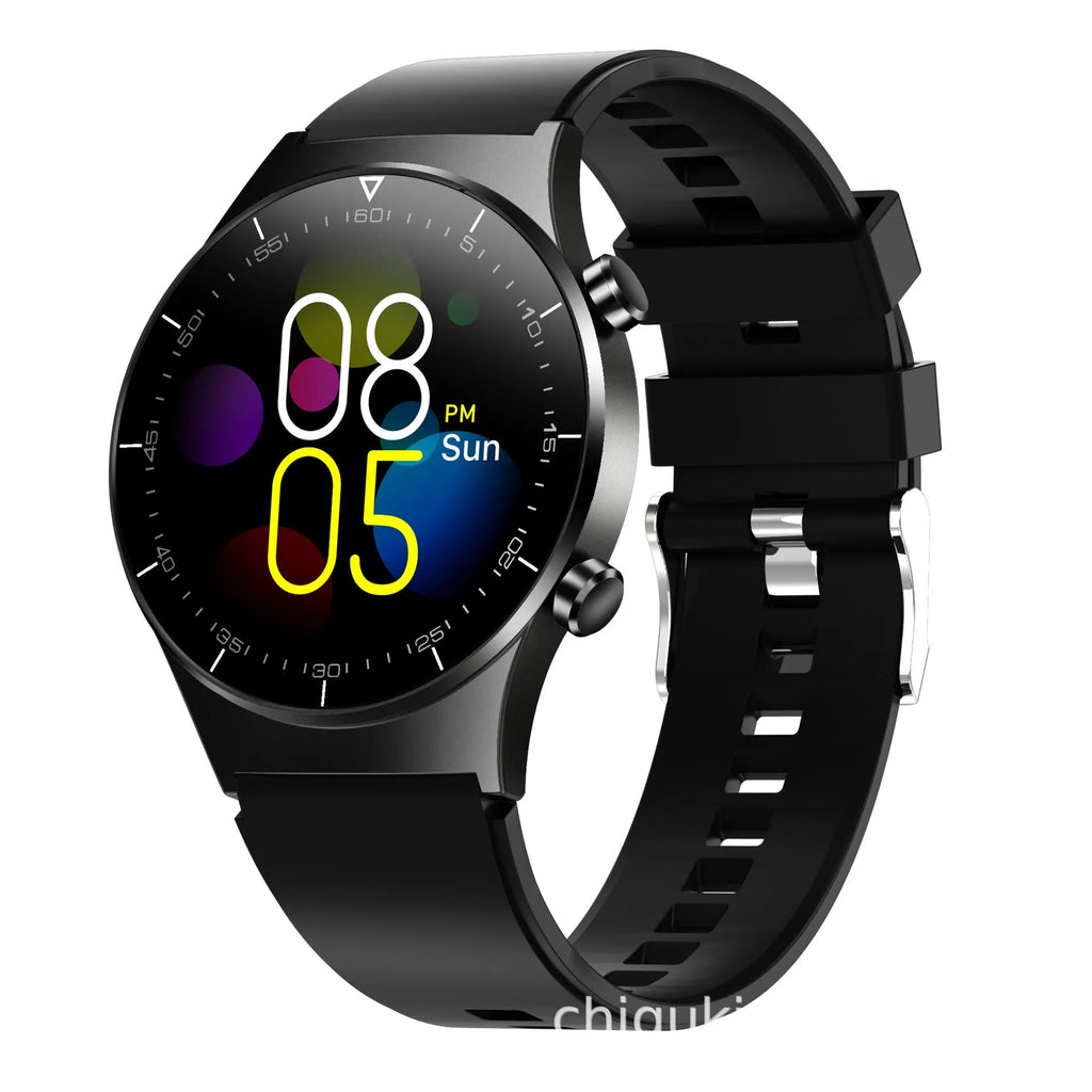Black smart watch with 1.28 inch screen and TPU sports bracelet for health monitoring.